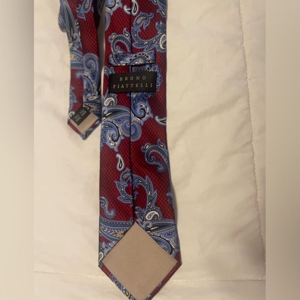 Bruno Piatelli 100% silk hand made tie. Burgundy with blue and silver paisley. - Picture 3 of 4